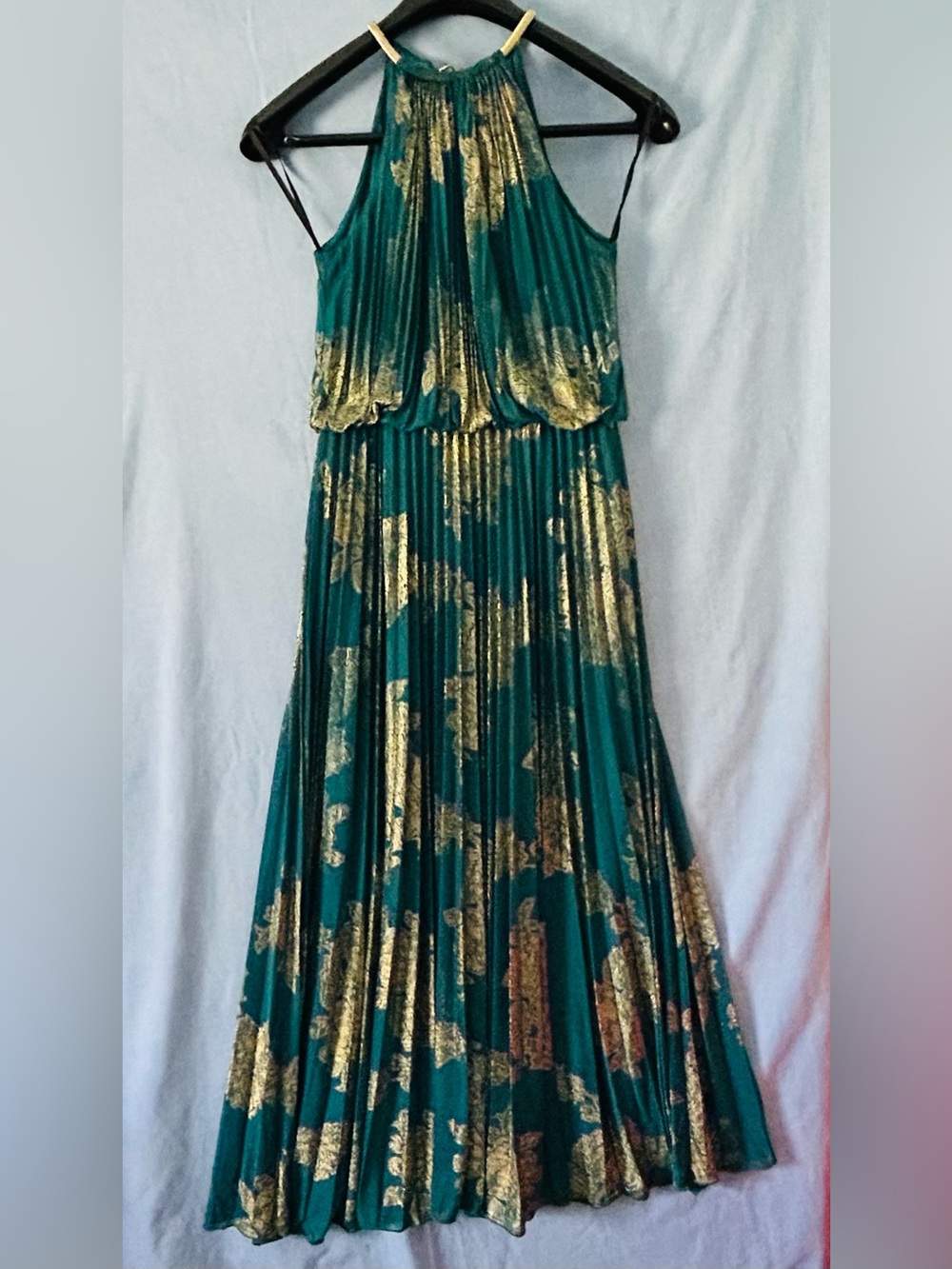 XScape Elegant Teal and Gold Pleated Halter Maxi Dress - Brand SZ 12P